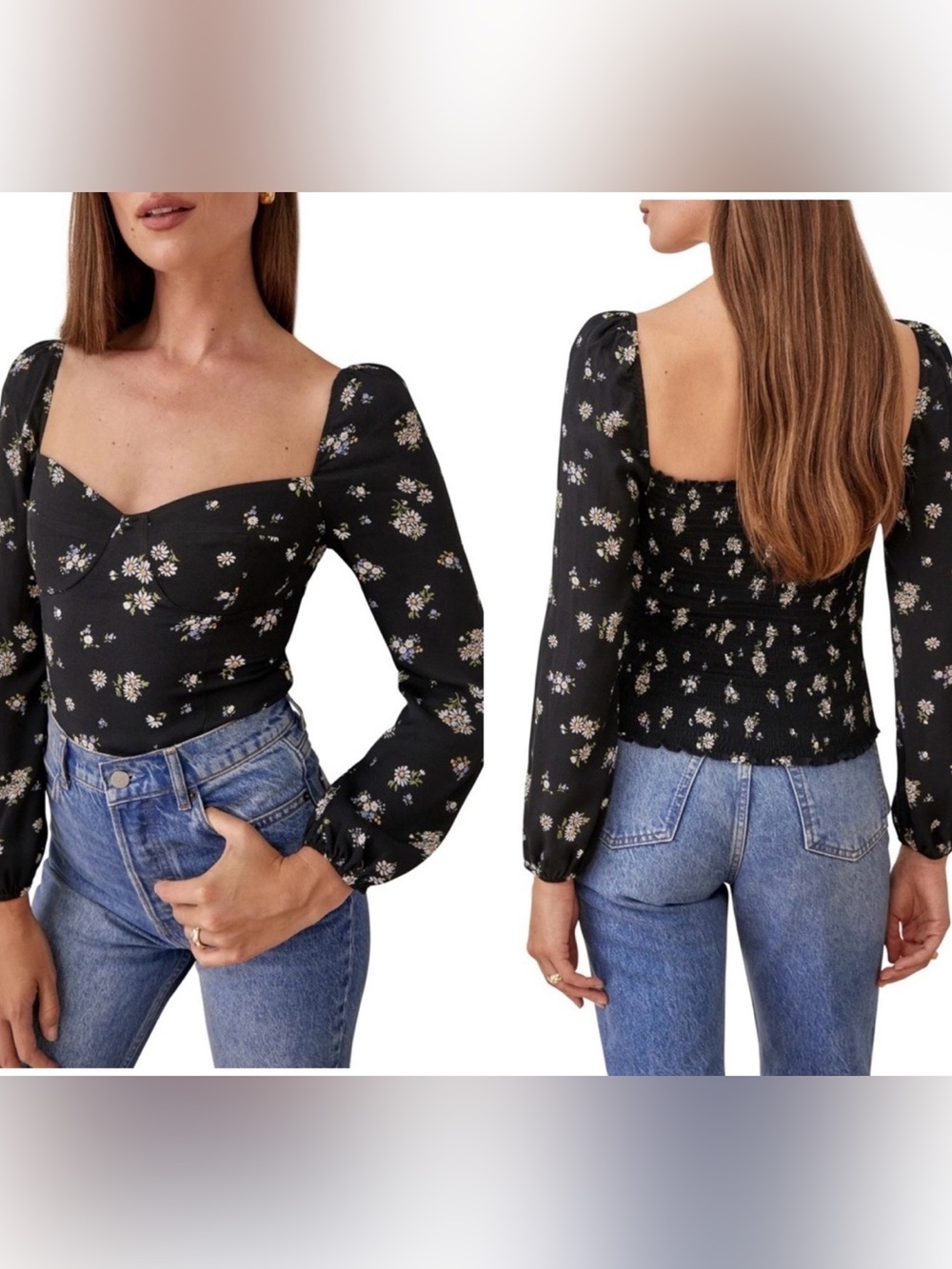 Reformation Black Floral Square-Neck Puff-Sleeve Top